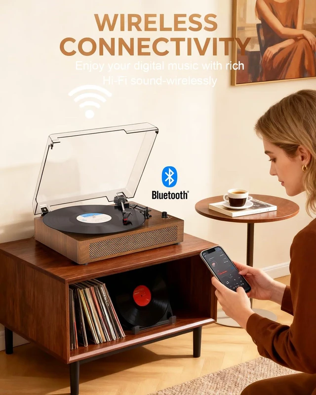 Alt view image 5 of 7 - Vinyl Record Player Extended Size with Bluetooth Playback Built-in Speakers USB Recording, LED Display, 3-Speed Turntable with Premium Wood Case, Vinyl to Digital, AUX-IN,RCA Ouptut- Brown