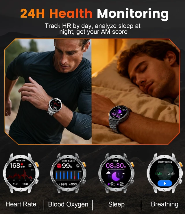 Alt view image 3 of 7 - Military Smart Watches for Men(3 Bands),1000mAh Battery/1.7" HD Large Screen Smartwatch, Flashlight/120+ Sports Modes/Sleep Monitor, 5ATM Waterproof Fitness Tracker Watch for Android iOS,Black