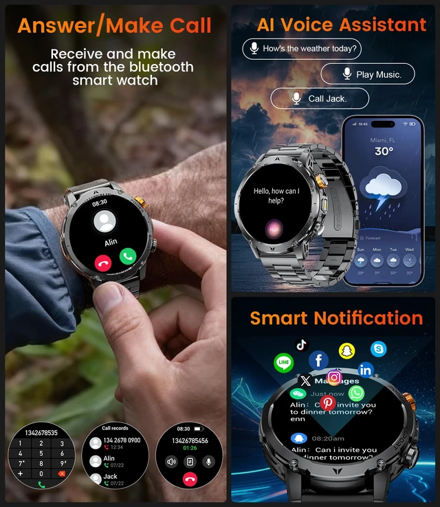 Alt view image 4 of 7 - Military Smart Watches for Men(3 Bands),1000mAh Battery/1.7" HD Large Screen Smartwatch, Flashlight/120+ Sports Modes/Sleep Monitor, 5ATM Waterproof Fitness Tracker Watch for Android iOS,Black