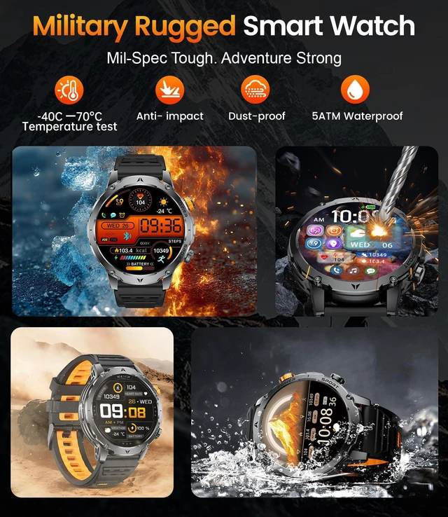 Alt view image 5 of 7 - Military Smart Watches for Men(3 Bands),1000mAh Battery/1.7" HD Large Screen Smartwatch, Flashlight/120+ Sports Modes/Sleep Monitor, 5ATM Waterproof Fitness Tracker Watch for Android iOS,Black