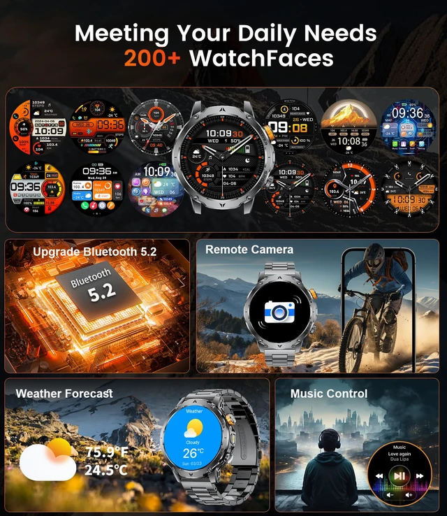 Alt view image 6 of 7 - Military Smart Watches for Men(3 Bands),1000mAh Battery/1.7" HD Large Screen Smartwatch, Flashlight/120+ Sports Modes/Sleep Monitor, 5ATM Waterproof Fitness Tracker Watch for Android iOS,Black