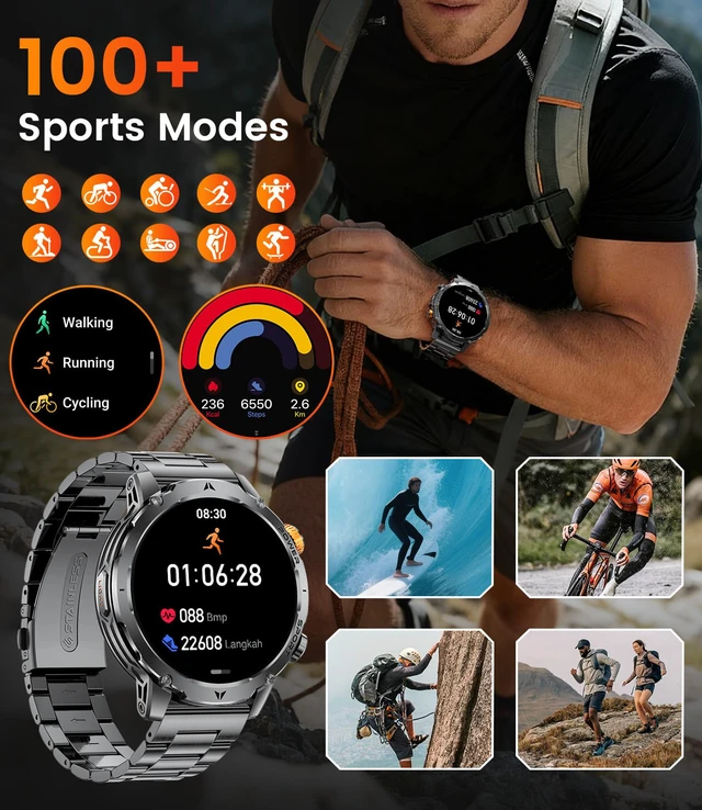 Alt view image 7 of 7 - Military Smart Watches for Men(3 Bands),1000mAh Battery/1.7" HD Large Screen Smartwatch, Flashlight/120+ Sports Modes/Sleep Monitor, 5ATM Waterproof Fitness Tracker Watch for Android iOS,Black