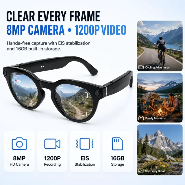 Alt view image 2 of 6 - AI Smart Glasses with 8MP Camera, 6-Axis EIS 1200P Video Recording Bluetooth 5.4 Open-Ear Audio with ChatGPT Translation for Cycling & Vlogging, 42g Lightweight