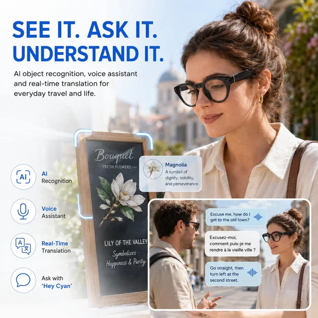Alt view image 3 of 6 - AI Smart Glasses with 8MP Camera, 6-Axis EIS 1200P Video Recording Bluetooth 5.4 Open-Ear Audio with ChatGPT Translation for Cycling & Vlogging, 42g Lightweight