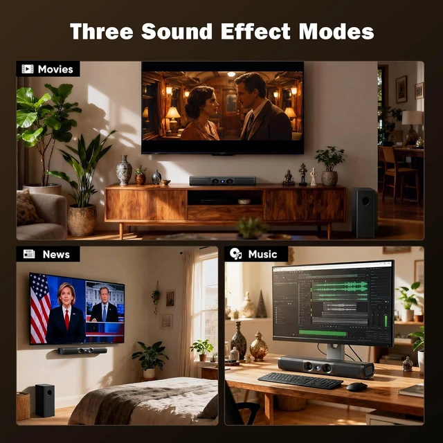 Alt view image 6 of 7 - 3.1ch Sound Bar with 5.25" Wired Subwoofer,Sound Bar for Smart TV 100W Deep Bass,TV-ARC/Optical/Auxiliary /Bluetooth 5.3, Surround Sound System for TV/PC/Gaming/Projectors