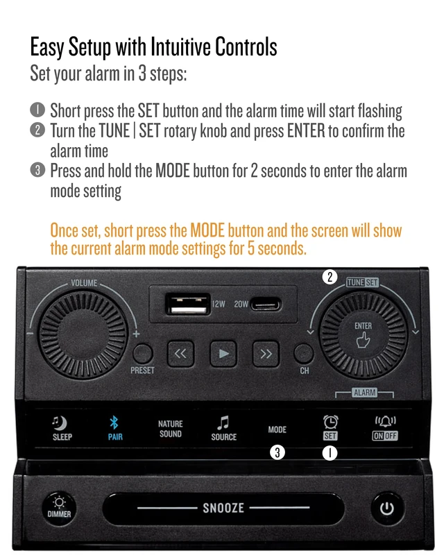 Alt view image 6 of 7 - Sound Rise II, SFQ-16: Bedside Alarm Clock Radio & Bluetooth Speaker, with Large Display Screen, FM Radio, Fast USB Charging, and Nature Sound