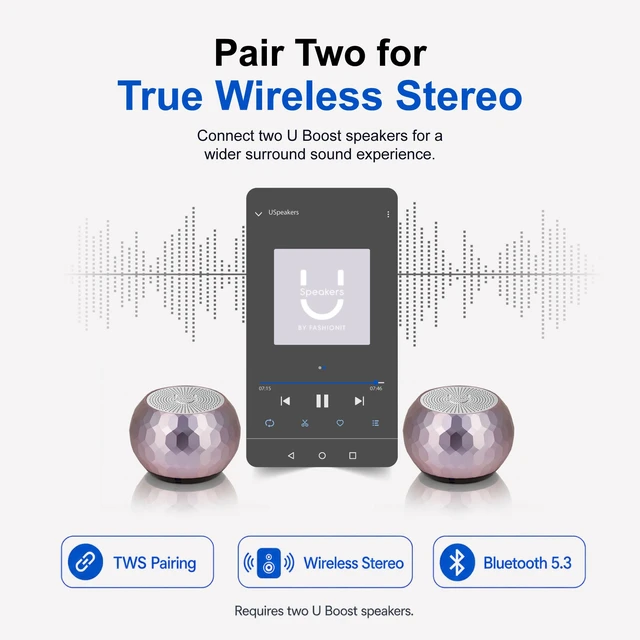 Alt view image 2 of 6 - U Mini Bluetooth Speaker, Portable Small Magnetic, Glam Lilac aluminum shell, wireless, travel size, TWS stereo pairing, 30 foot range, rechargeable, magnetic mount, gift ready