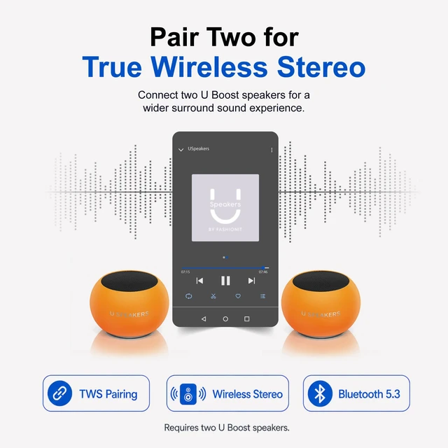 Alt view image 2 of 6 - U Mini Bluetooth Speaker, Portable Small Magnetic, Glow Orange aluminum shell, magnetic base, travel and beach use, wireless, rechargeable, TWS stereo pairing, 30ft range, golf cart