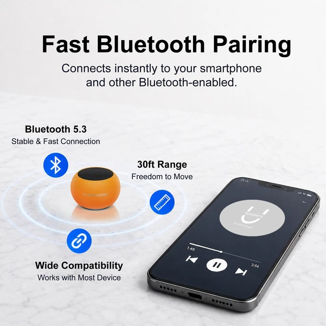 Alt view image 4 of 6 - U Mini Bluetooth Speaker, Portable Small Magnetic, Glow Orange aluminum shell, magnetic base, travel and beach use, wireless, rechargeable, TWS stereo pairing, 30ft range, golf cart