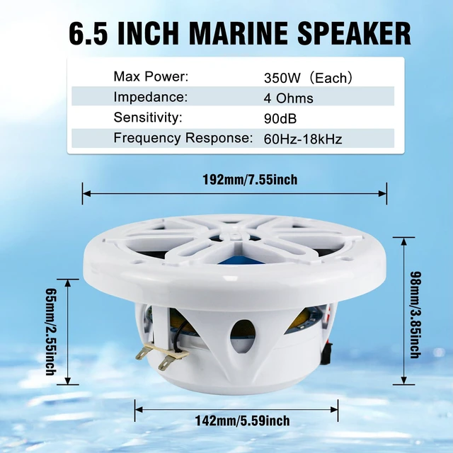 Alt view image 5 of 7 - 6.5" 350W Marine Speakers - IP66 Waterproof Coaxial Audio, with Blue LED Light for Boats, ATVs, UTVs with UV Resistant White Grille (A Pair)