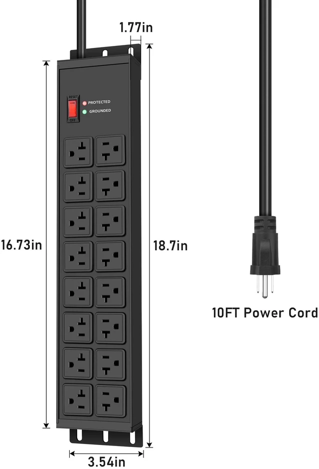 Alt view image 5 of 5 - Heavy Duty Surge Protector 4800J, 20 Amp Switch 4 FT Extension Cord 16 Outlets, 12 Gauge, Wall Mount Metal Power Strip, High Amp Outlet, ETL Listed for Garage, Industrial, Shop