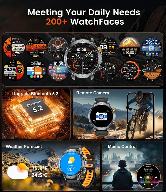 Alt view image 3 of 7 - Military Smart Watches for Men(3 Bands),1000mAh Battery/1.7" HD Large Screen Smartwatch, LED Flashlight/120+ Sports Modes/Sleep Monitor, IP68 Waterproof Fitness Tracker Watch for Android iOS,Black