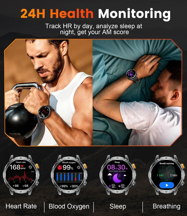 Alt view image 5 of 7 - Military Smart Watches for Men(3 Bands),1000mAh Battery/1.7" HD Large Screen Smartwatch, LED Flashlight/120+ Sports Modes/Sleep Monitor, IP68 Waterproof Fitness Tracker Watch for Android iOS,Black