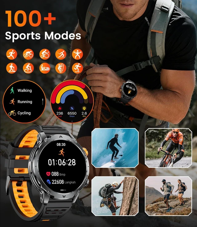 Alt view image 6 of 7 - Military Smart Watches for Men(3 Bands),1000mAh Battery/1.7" HD Large Screen Smartwatch, LED Flashlight/120+ Sports Modes/Sleep Monitor, IP68 Waterproof Fitness Tracker Watch for Android iOS,Black