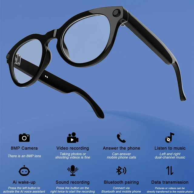 Alt view image 2 of 7 - Ai Smart Glasses with Camera, 8MP Anti-Shake Camera Glasses Voice Assistant, Supports Photo/Video/Audio Recording, with AI Assistant/AI Translation/Bluetooth Calling, T6