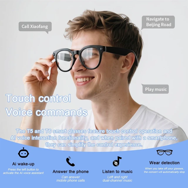 Alt view image 3 of 7 - Ai Smart Glasses with Camera, 8MP Anti-Shake Camera Glasses Voice Assistant, Supports Photo/Video/Audio Recording, with AI Assistant/AI Translation/Bluetooth Calling, T6