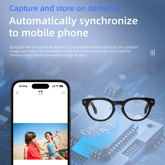 Alt view image 5 of 7 - Ai Smart Glasses with Camera, 8MP Anti-Shake Camera Glasses Voice Assistant, Supports Photo/Video/Audio Recording, with AI Assistant/AI Translation/Bluetooth Calling, T6