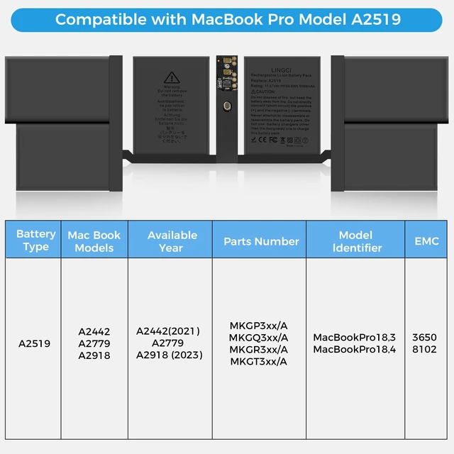 Alt view image 3 of 7 - A2519 Battery,A2442 Battery Replacement for MacBook Pro A2442(2021) 14-inch A2519 Battery(Upgraded High Performance 69.6Wh 11.47V 6068mAh)