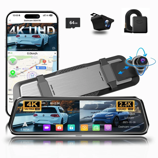 Main image of 4K+2.5K Mirror Dash Cam for Cars, Night Vision WiFi Reverse Assist IMX415 Sensor, 5.8GHz WiFi, WDR, G-Sensor, Loop Recording, Motion Detection, 64GB Card, Night Vision Reverse Assist,64GB Card