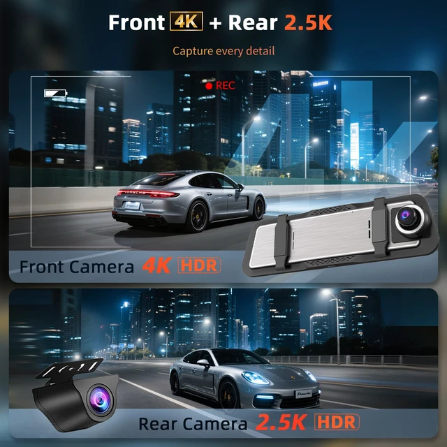Alt view image 2 of 7 - 4K+2.5K Mirror Dash Cam for Cars, Night Vision WiFi Reverse Assist IMX415 Sensor, 5.8GHz WiFi, WDR, G-Sensor, Loop Recording, Motion Detection, 64GB Card, Night Vision Reverse Assist,64GB Card