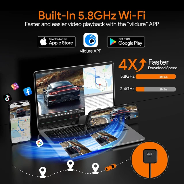 Alt view image 7 of 7 - 4K+2.5K Mirror Dash Cam for Cars, Night Vision WiFi Reverse Assist IMX415 Sensor, 5.8GHz WiFi, WDR, G-Sensor, Loop Recording, Motion Detection, 64GB Card, Night Vision Reverse Assist,64GB Card