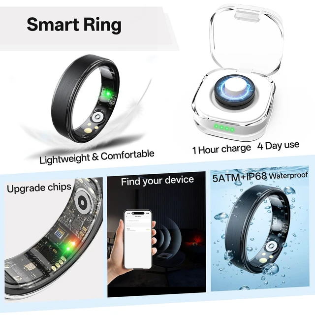 Alt view image 7 of 7 - Smart Ring for Women & Men, Health Fitness Tracker Ring Sleep Monitor/Heart Rate/Blood Oxygen/HRV/Stress/Calorie/Steps, IP68 Waterproof for iOS & Android, Free App (Rose Gold, 10#)