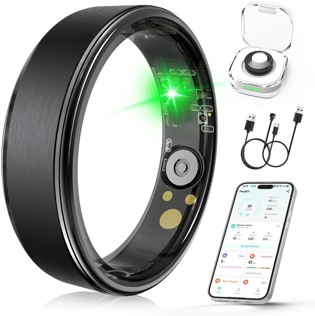 Main image of Smart Ring for Women & Men, Health Fitness Tracker Ring Sleep Monitor/Heart Rate/Blood Oxygen/HRV/Stress/Calorie/Steps, IP68 Waterproof for iOS & Android, Free App (Black, 07#)