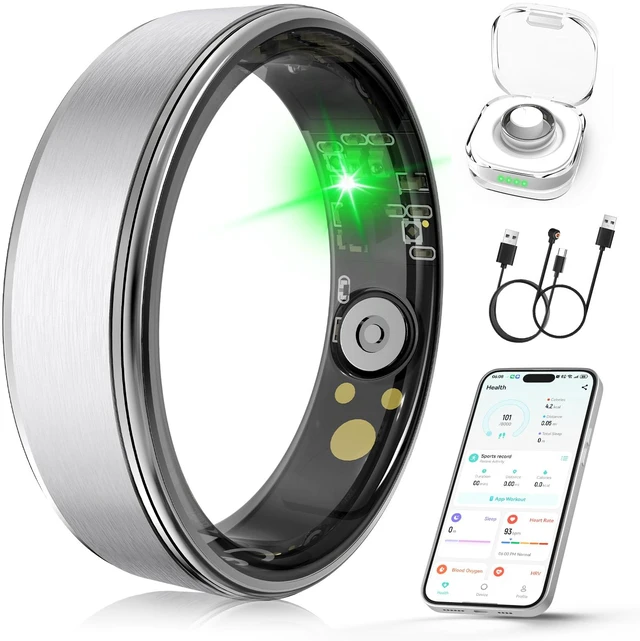 Main image of Smart Ring for Women & Men, Health Fitness Tracker Ring Sleep Monitor/Heart Rate/Blood Oxygen/HRV/Stress/Calorie/Steps, IP68 Waterproof for iOS & Android, Free App (Silver, 14#)