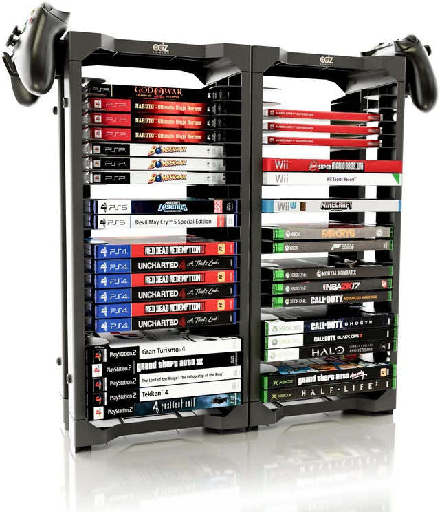 Main image of Universal Game Holder 46 Game Storage Tower Rack for PS2 PS3 PS4 PS5 PSP Xbox 360 Xbox One Series X Wii Switch Games DVD and Blu-Ray Disks. Includes 2 Controller Mounts (Black)
