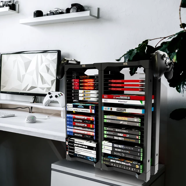 Alt view image 2 of 7 - Universal Game Holder 46 Game Storage Tower Rack for PS2 PS3 PS4 PS5 PSP Xbox 360 Xbox One Series X Wii Switch Games DVD and Blu-Ray Disks. Includes 2 Controller Mounts (Black)