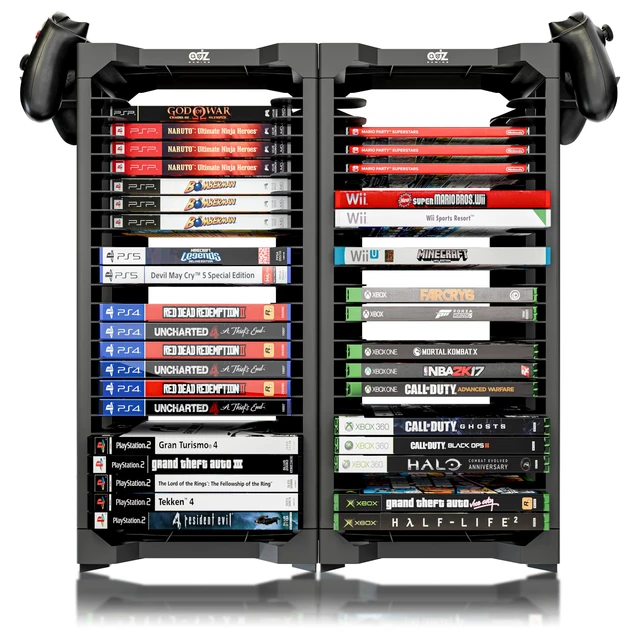 Alt view image 3 of 7 - Universal Game Holder 46 Game Storage Tower Rack for PS2 PS3 PS4 PS5 PSP Xbox 360 Xbox One Series X Wii Switch Games DVD and Blu-Ray Disks. Includes 2 Controller Mounts (Black)