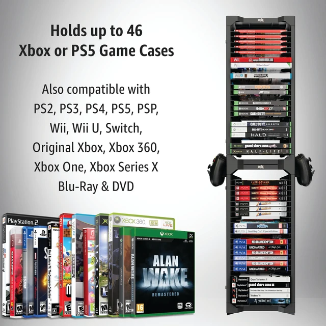 Alt view image 4 of 7 - Universal Game Holder 46 Game Storage Tower Rack for PS2 PS3 PS4 PS5 PSP Xbox 360 Xbox One Series X Wii Switch Games DVD and Blu-Ray Disks. Includes 2 Controller Mounts (Black)