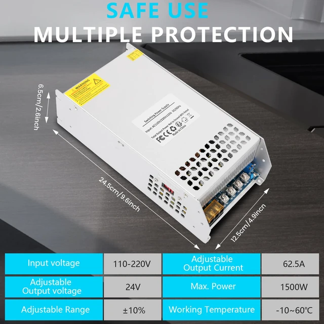 Alt view image 5 of 7 - 24V 62.5A 1500W Power Supply 110V AC to DC 24V Converter 62.5A 1500W Switching Power Supply for 24V LED Strip Motor Pump CCTV Camera System Radio Car Stereo 3D Printer