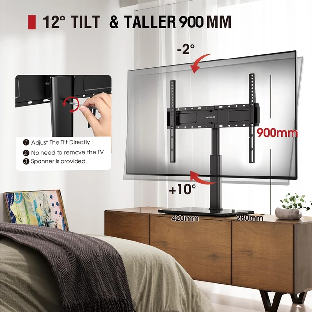 Alt view image 3 of 7 - Swivel Universal TV Stand for 32-75 inch TVs with Tilt Down/Up, 8 Levels Height Adjustable Table Top TV Mount Stand with Stable Heavy Duty Tempered Glass Base, MAX VESA 600x400 mm, up to 99lbs, Black