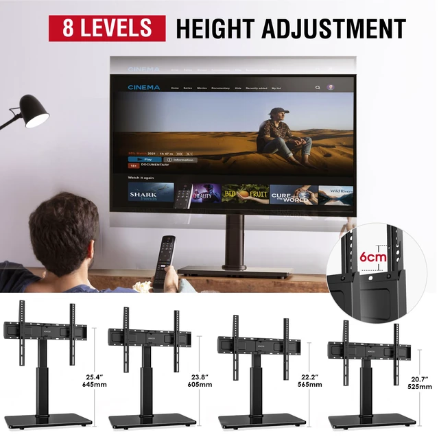Alt view image 4 of 7 - Swivel Universal TV Stand for 32-75 inch TVs with Tilt Down/Up, 8 Levels Height Adjustable Table Top TV Mount Stand with Stable Heavy Duty Tempered Glass Base, MAX VESA 600x400 mm, up to 99lbs, Black