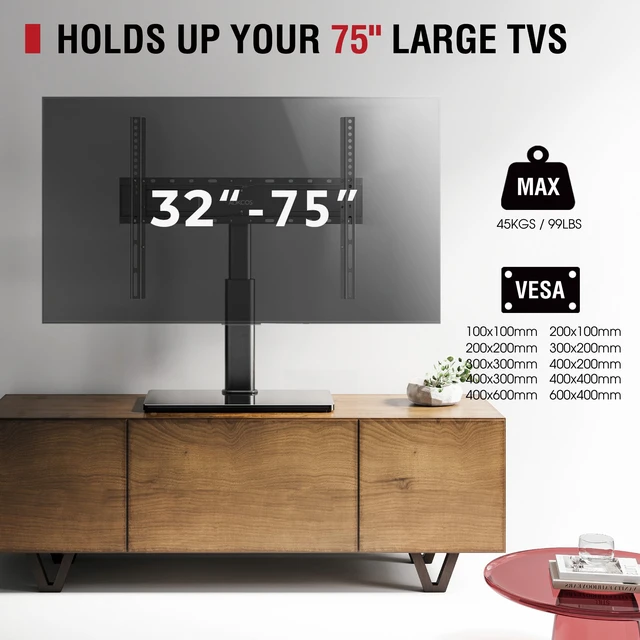 Alt view image 5 of 7 - Swivel Universal TV Stand for 32-75 inch TVs with Tilt Down/Up, 8 Levels Height Adjustable Table Top TV Mount Stand with Stable Heavy Duty Tempered Glass Base, MAX VESA 600x400 mm, up to 99lbs, Black
