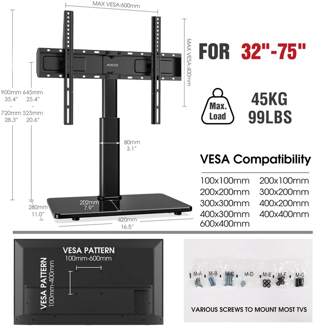 Alt view image 7 of 7 - Swivel Universal TV Stand for 32-75 inch TVs with Tilt Down/Up, 8 Levels Height Adjustable Table Top TV Mount Stand with Stable Heavy Duty Tempered Glass Base, MAX VESA 600x400 mm, up to 99lbs, Black