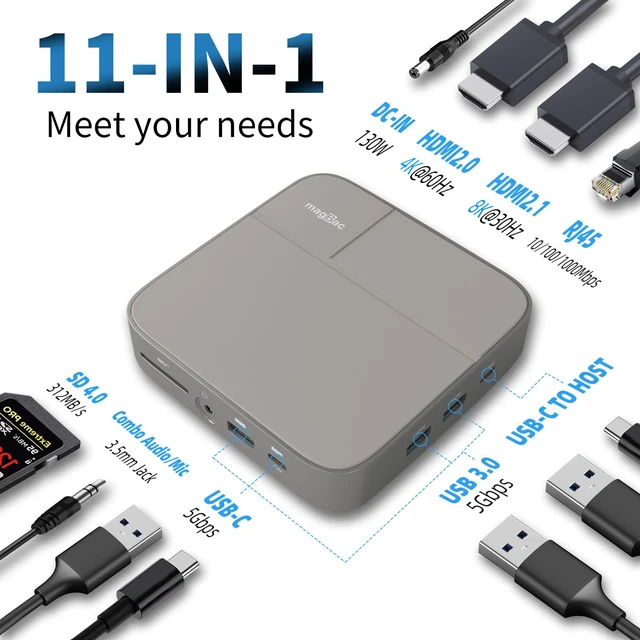 Alt view image 2 of 7 - USB C Docking Station Dual Monitor 4K@60Hz or Single 8K@30Hz with 2 HDMI for Windows Laptops,11-in-1 Laptop Docking Station with 5 USB A/C, SD, Gigabit Ethernet, Audio, 130W AC Power Supply