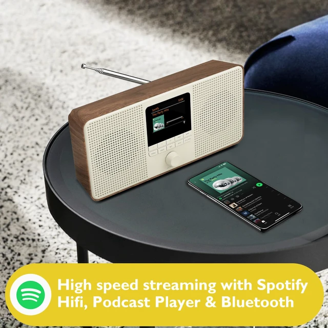 Alt view image 2 of 7 - IR4S Internet Radio, Podcasts,Spotify, Bluetooth, FM Stereo, Walnut 150 presets, alarm clock, full colour display, mains or AA battery, headphone jack, snooze, sleep timer, true 2.0 stereo