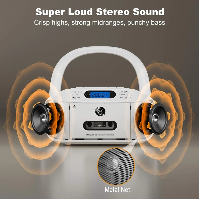 Alt view image 3 of 7 - CD Cassette Player Combo, Rechargeable Boombox with Bluetooth 5.1, CD Player with Remote Control, Tape Recording, FM Radio, Super Bass, Stereo Sound, Aux/USB Drive, Headphones Jack -White