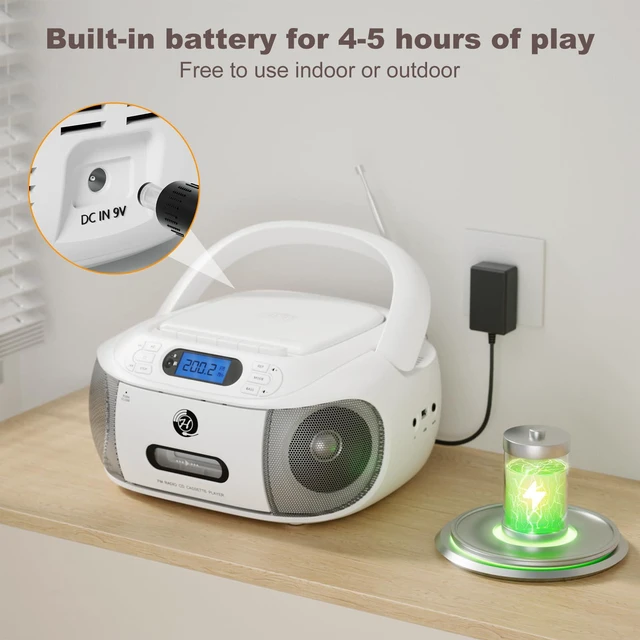 Alt view image 2 of 7 - CD Cassette Player Combo, Rechargeable Boombox with Bluetooth 5.1, CD Player with Remote Control, Tape Recording, FM Radio, Super Bass, Stereo Sound, Aux/USB Drive, Headphones Jack -White