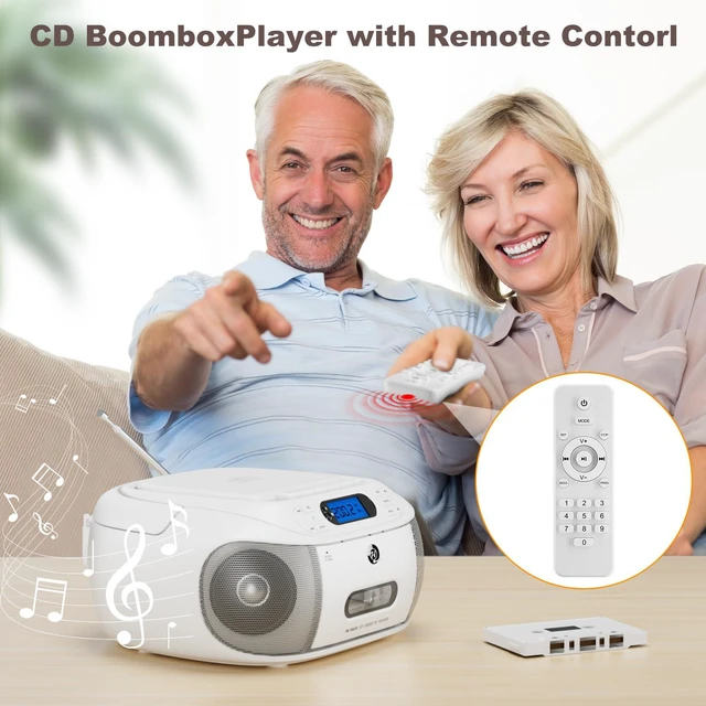 Alt view image 4 of 7 - CD Cassette Player Combo, Rechargeable Boombox with Bluetooth 5.1, CD Player with Remote Control, Tape Recording, FM Radio, Super Bass, Stereo Sound, Aux/USB Drive, Headphones Jack -White