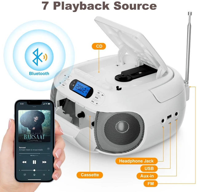 Alt view image 6 of 7 - CD Cassette Player Combo, Rechargeable Boombox with Bluetooth 5.1, CD Player with Remote Control, Tape Recording, FM Radio, Super Bass, Stereo Sound, Aux/USB Drive, Headphones Jack -White