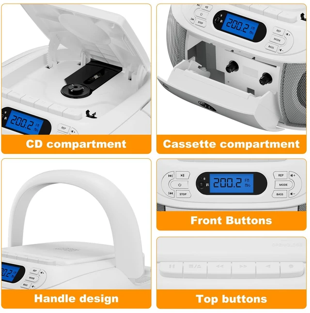 Alt view image 7 of 7 - CD Cassette Player Combo, Rechargeable Boombox with Bluetooth 5.1, CD Player with Remote Control, Tape Recording, FM Radio, Super Bass, Stereo Sound, Aux/USB Drive, Headphones Jack -White
