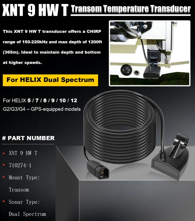 Alt view image 6 of 7 - XNT-9-HW-T Transom Temperature Transducer for Humminbird Helix 5/7/8/9/10/12 with Dual Spectrum Chirp Sonar 710274-1, 20 Feet Cable Length MEGA Imaging Shallow to Deep Water