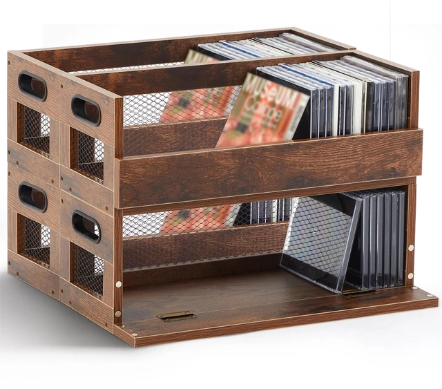 Main image of 4 Set Retro CD Storage Box, Holds 144 CDs(36 Each), Vintage Brown Metal & Wood CD Shelf Holder with Magnetic Front Flap and Handles, Cassette Tape,DVD,Movie Cases Rack Organizer