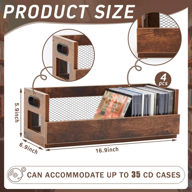 Alt view image 2 of 7 - 4 Set Retro CD Storage Box, Holds 144 CDs(36 Each), Vintage Brown Metal & Wood CD Shelf Holder with Magnetic Front Flap and Handles, Cassette Tape,DVD,Movie Cases Rack Organizer