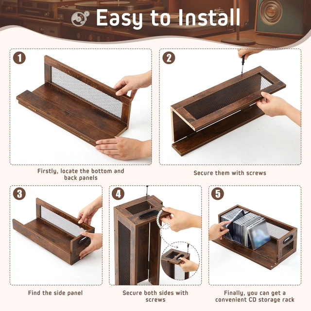 Alt view image 6 of 7 - 4 Set Retro CD Storage Box, Holds 144 CDs(36 Each), Vintage Brown Metal & Wood CD Shelf Holder with Magnetic Front Flap and Handles, Cassette Tape,DVD,Movie Cases Rack Organizer
