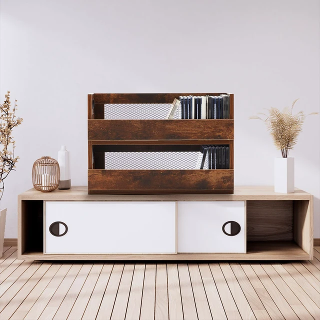 Alt view image 7 of 7 - 4 Set Retro CD Storage Box, Holds 144 CDs(36 Each), Vintage Brown Metal & Wood CD Shelf Holder with Magnetic Front Flap and Handles, Cassette Tape,DVD,Movie Cases Rack Organizer