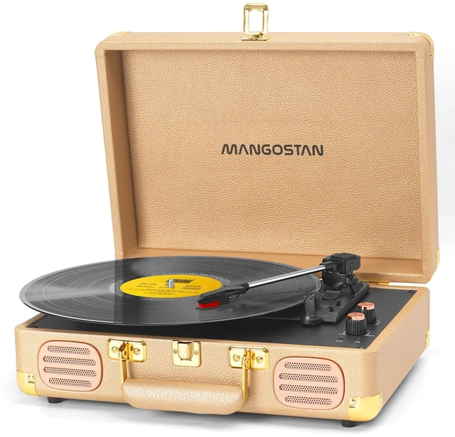 Main image of Bluetooth Record Player, 3-Speed Belt Drive Turntable Gold Portable Suitcase Bass and Treble Adjustment Headphone Jack